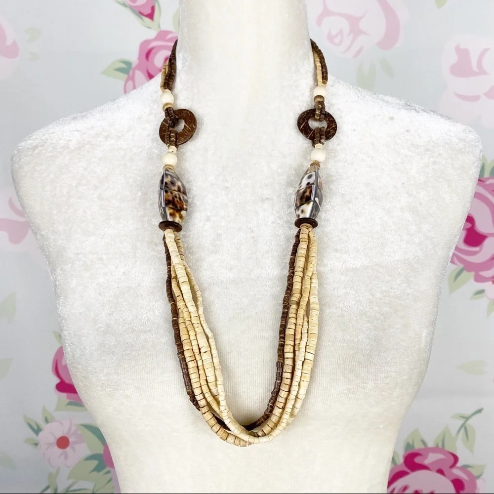 Bohemian Boho Wood Shell Statement Necklace